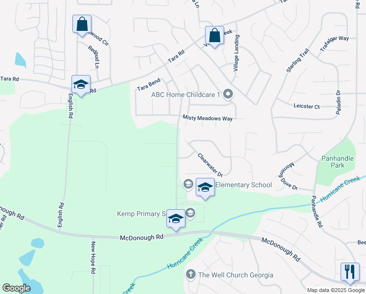 map of restaurants, bars, coffee shops, grocery stores, and more near Clearwater Drive in Clayton County