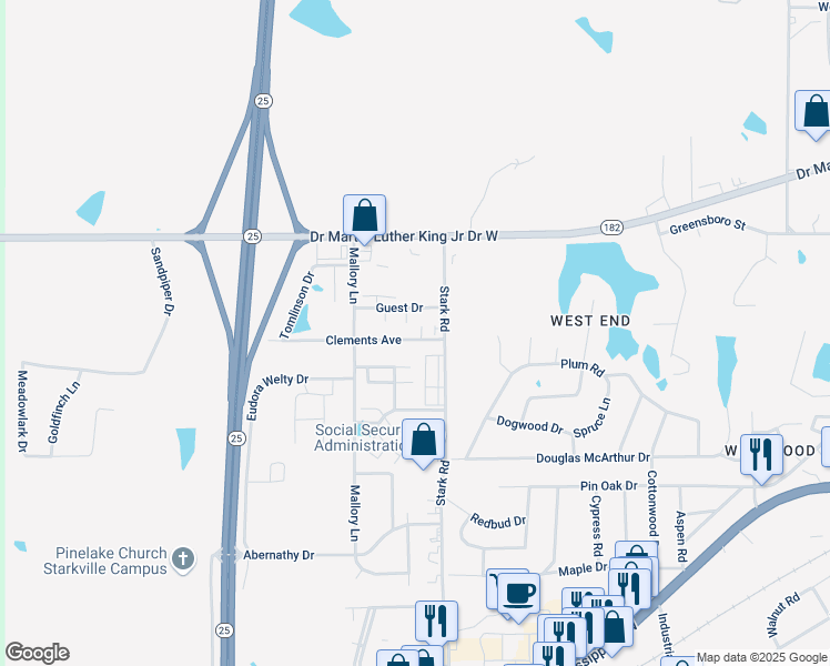 map of restaurants, bars, coffee shops, grocery stores, and more near 2-174 Clements in Starkville