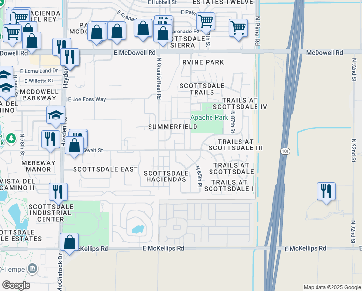 map of restaurants, bars, coffee shops, grocery stores, and more near 8524 East Roosevelt Street in Scottsdale