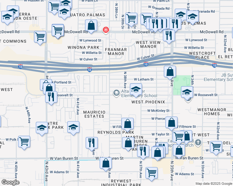 map of restaurants, bars, coffee shops, grocery stores, and more near 3812 West Roosevelt Street in Phoenix