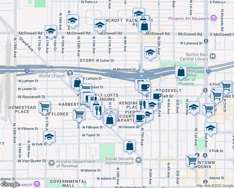 map of restaurants, bars, coffee shops, grocery stores, and more near 922 West Roosevelt Street in Phoenix