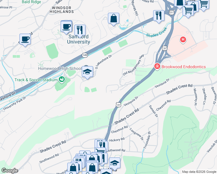 map of restaurants, bars, coffee shops, grocery stores, and more near 507 Woodland Village in Birmingham