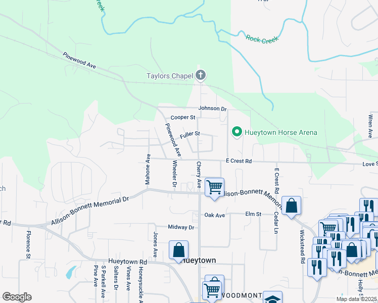 map of restaurants, bars, coffee shops, grocery stores, and more near 124 Midfield Avenue in Hueytown
