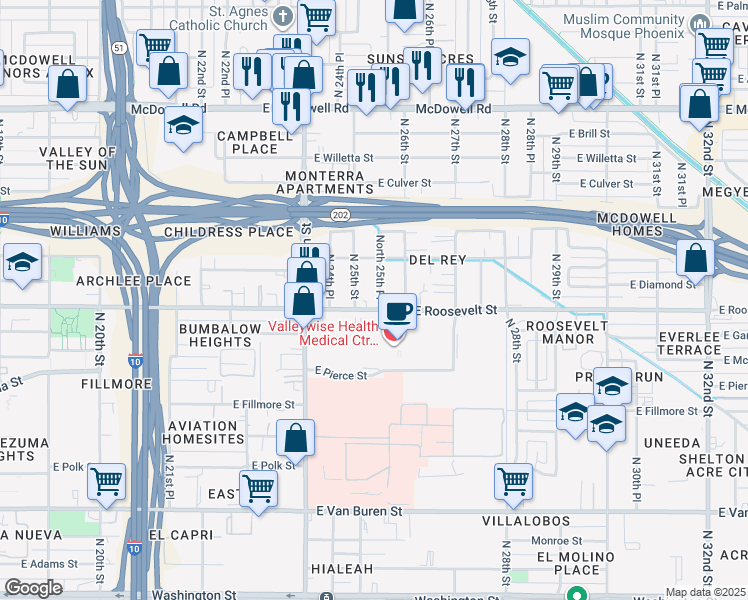 map of restaurants, bars, coffee shops, grocery stores, and more near 1002 North 25th Place in Phoenix