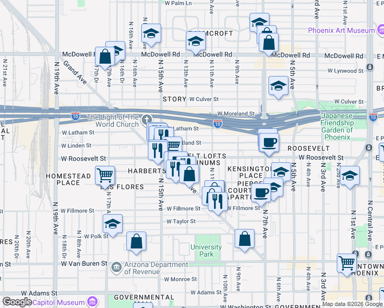 map of restaurants, bars, coffee shops, grocery stores, and more near 1003 North 13th Avenue in Phoenix