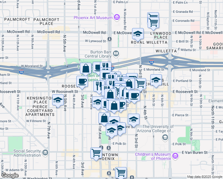 map of restaurants, bars, coffee shops, grocery stores, and more near in Phoenix