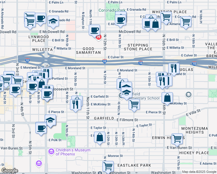 map of restaurants, bars, coffee shops, grocery stores, and more near 1210 East Roosevelt Street in Phoenix