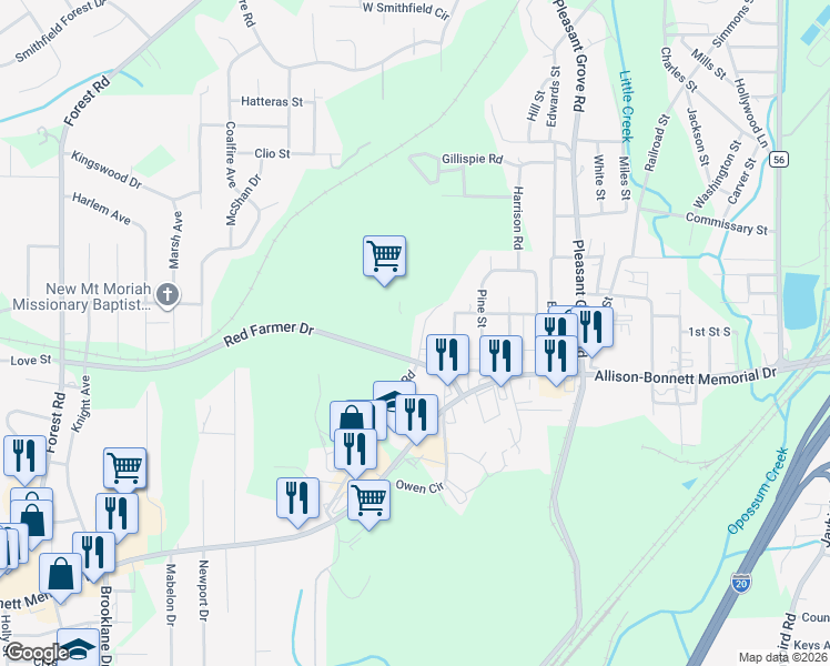map of restaurants, bars, coffee shops, grocery stores, and more near 207 Brown Place in Hueytown