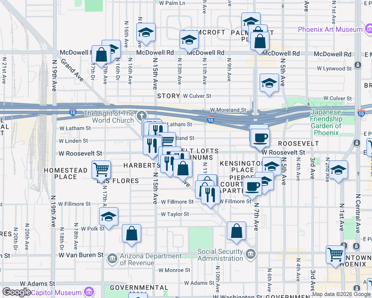 map of restaurants, bars, coffee shops, grocery stores, and more near 1003 North 13th Avenue in Phoenix