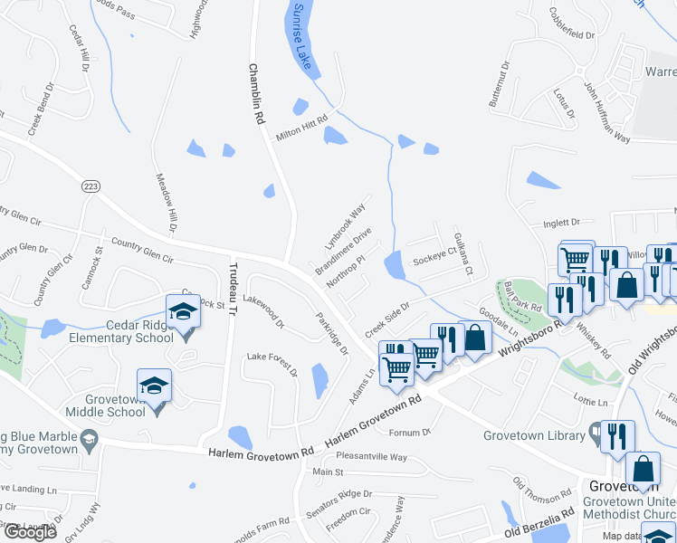 map of restaurants, bars, coffee shops, grocery stores, and more near 421 Northrop Place in Grovetown