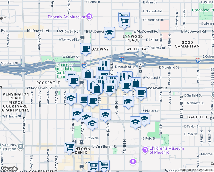 map of restaurants, bars, coffee shops, grocery stores, and more near 333 East Roosevelt Street in Phoenix