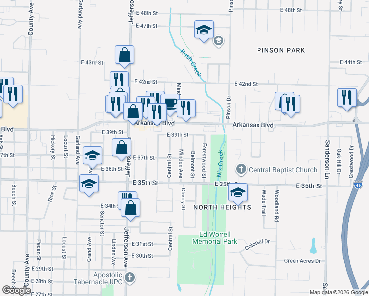 map of restaurants, bars, coffee shops, grocery stores, and more near 3708 Minden Avenue in Texarkana