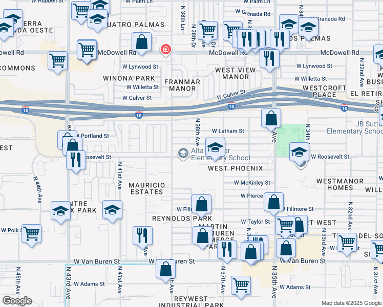 map of restaurants, bars, coffee shops, grocery stores, and more near 3812 West Roosevelt Street in Phoenix
