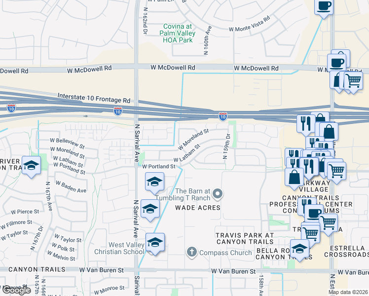 map of restaurants, bars, coffee shops, grocery stores, and more near 16091 West Moreland Street in Goodyear