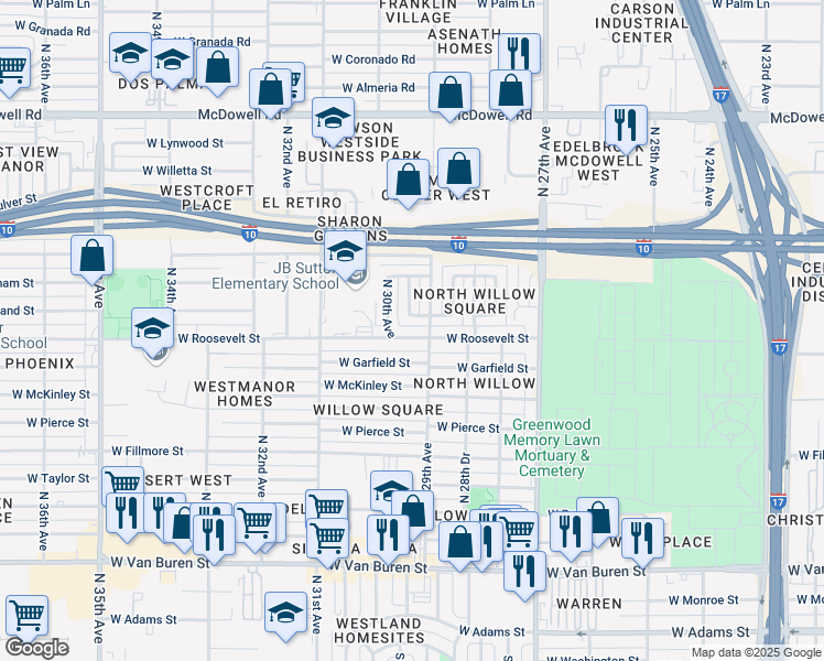 map of restaurants, bars, coffee shops, grocery stores, and more near 2904 West Roosevelt Street in Phoenix