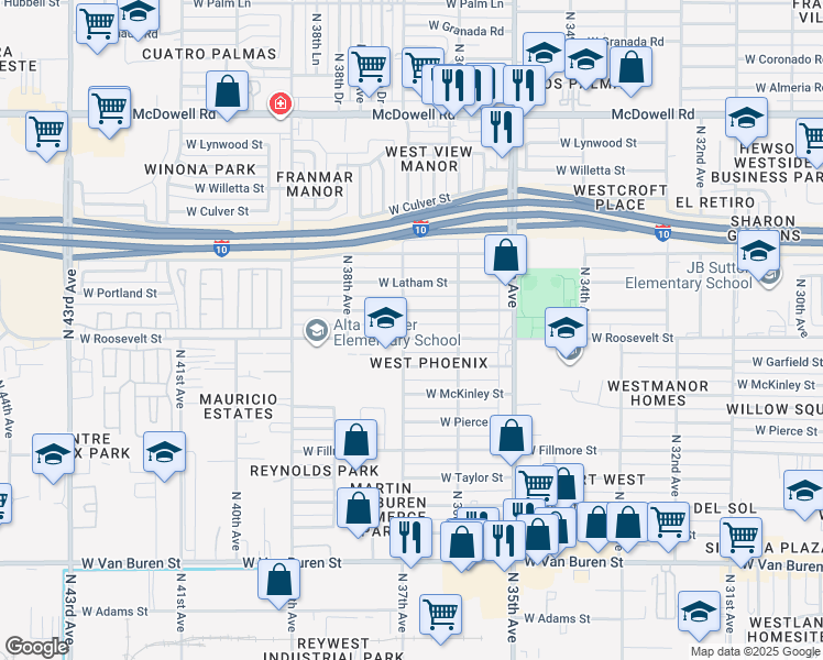 map of restaurants, bars, coffee shops, grocery stores, and more near 3642 West Roosevelt Street in Phoenix