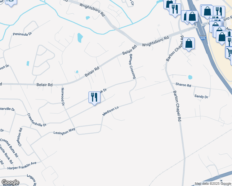 map of restaurants, bars, coffee shops, grocery stores, and more near 3663 Crawfordville Drive in Augusta