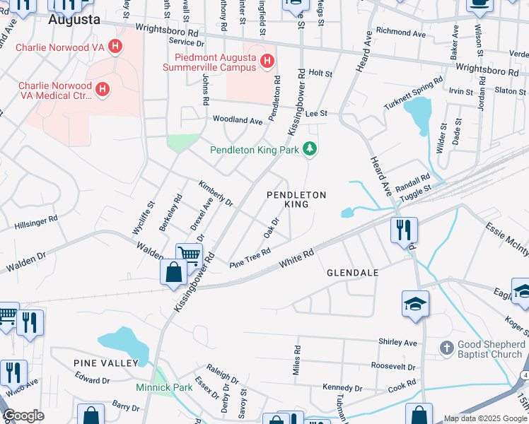 map of restaurants, bars, coffee shops, grocery stores, and more near 1720 King Woods Dr in Augusta
