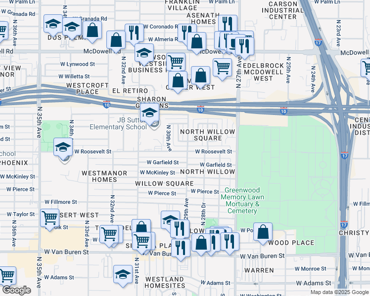 map of restaurants, bars, coffee shops, grocery stores, and more near 2904 West Roosevelt Street in Phoenix