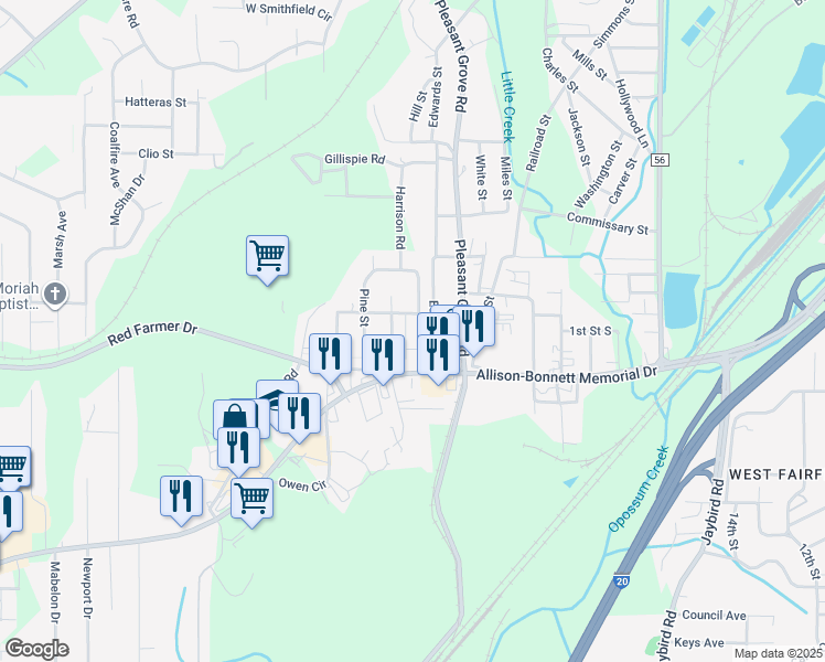 map of restaurants, bars, coffee shops, grocery stores, and more near 113 Woodward Drive in Hueytown