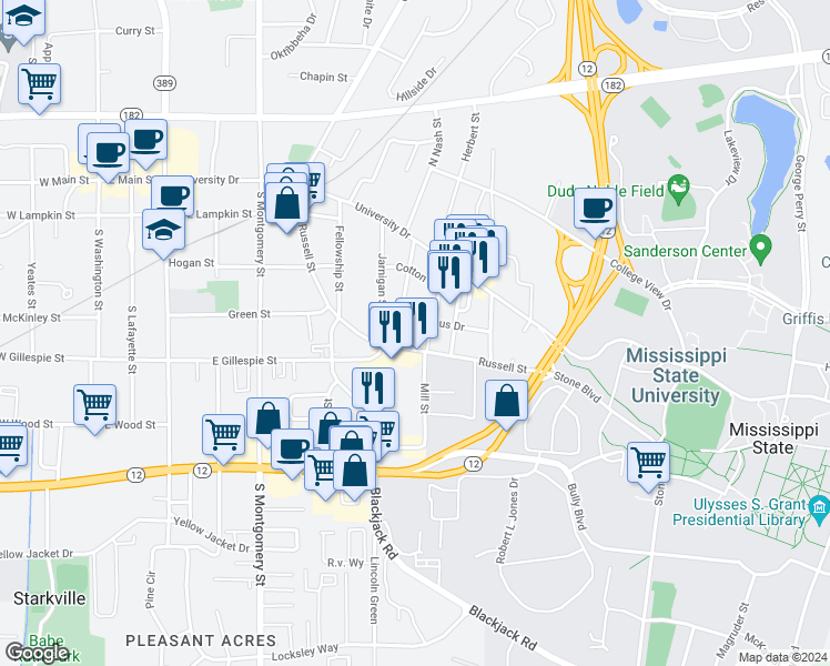 map of restaurants, bars, coffee shops, grocery stores, and more near 106 Baltzeggar Court in Starkville