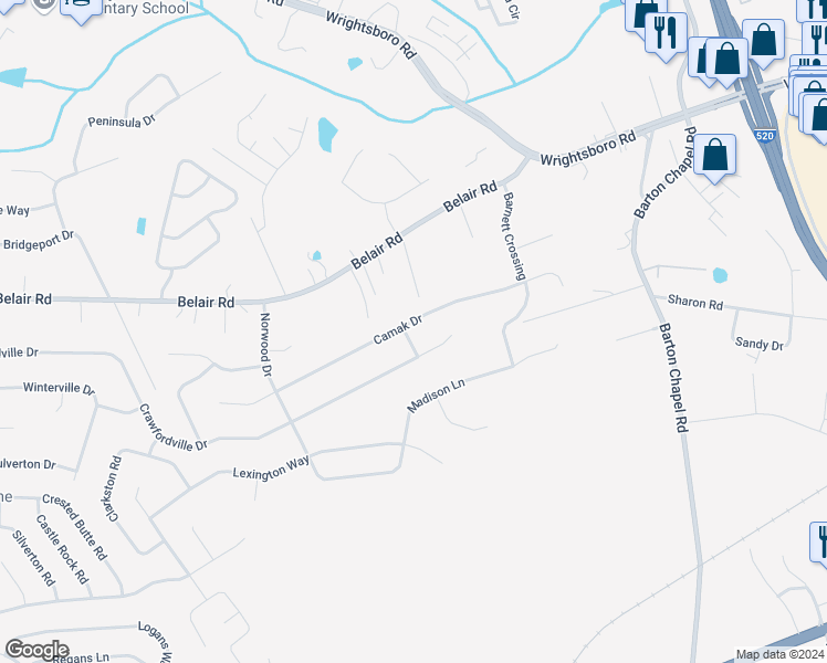map of restaurants, bars, coffee shops, grocery stores, and more near 3436 Camak Drive in Augusta