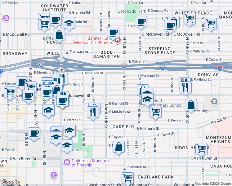 map of restaurants, bars, coffee shops, grocery stores, and more near 1130 East Roosevelt Street in Phoenix