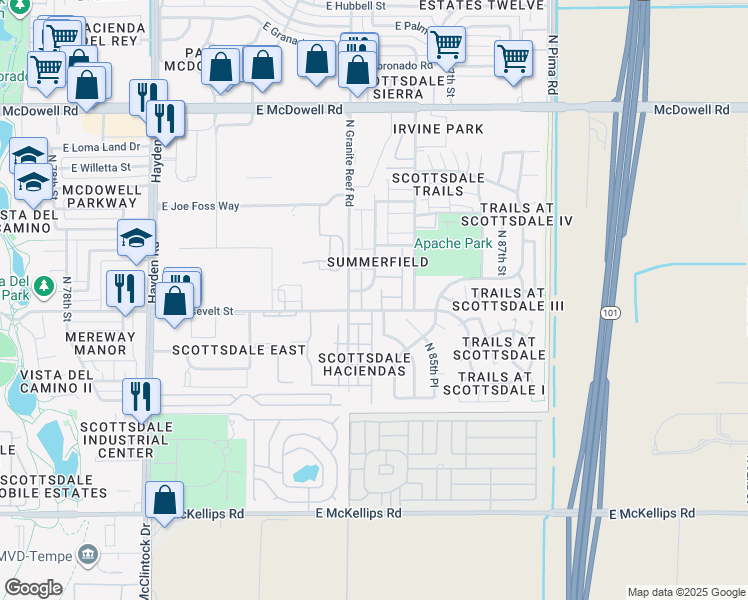 map of restaurants, bars, coffee shops, grocery stores, and more near 1015 North Granite Reef Road in Scottsdale