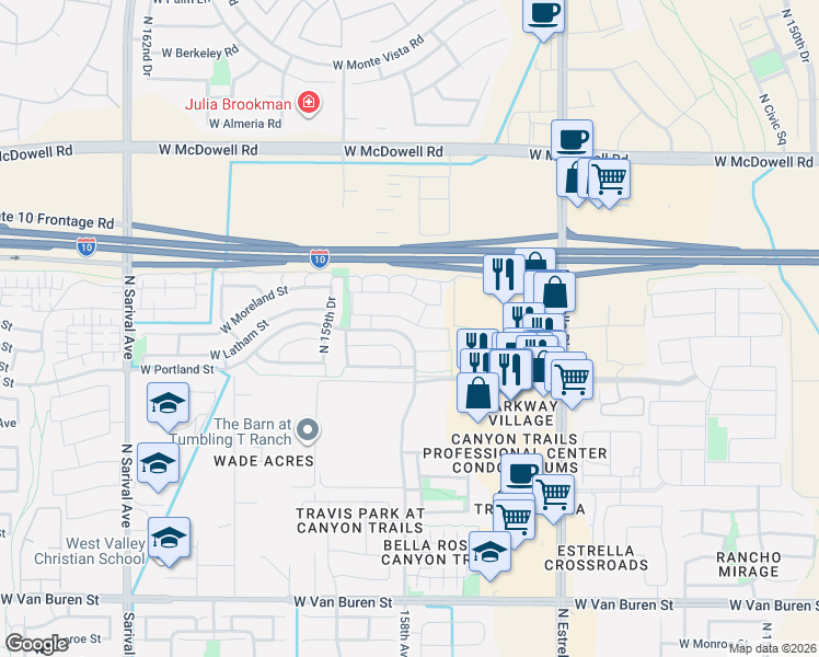 map of restaurants, bars, coffee shops, grocery stores, and more near 15769 West Latham Street in Goodyear