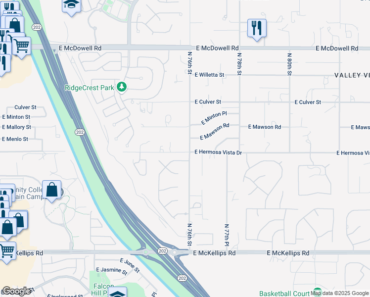 map of restaurants, bars, coffee shops, grocery stores, and more near 7552 East Hermosa Vista Drive in Mesa