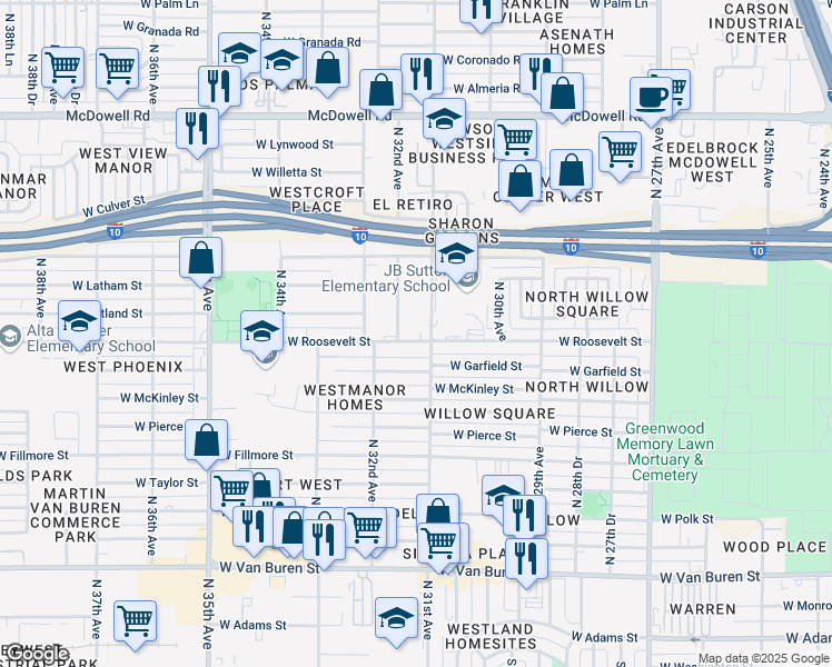 map of restaurants, bars, coffee shops, grocery stores, and more near 3110 West Roosevelt Street in Phoenix
