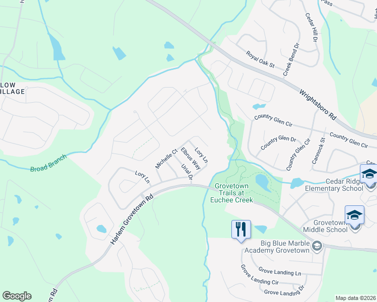 map of restaurants, bars, coffee shops, grocery stores, and more near 316 Elbrus Way in Grovetown