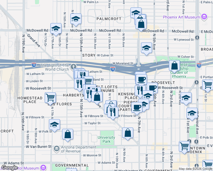 map of restaurants, bars, coffee shops, grocery stores, and more near in Phoenix