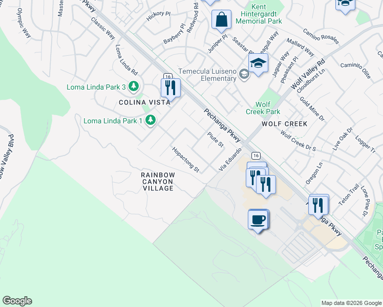 map of restaurants, bars, coffee shops, grocery stores, and more near 45725 Jeronimo Street in Temecula