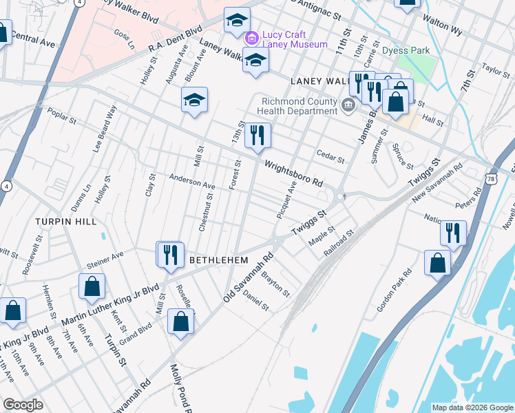 map of restaurants, bars, coffee shops, grocery stores, and more near 1134 Gordon Street in Augusta