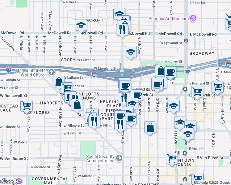 map of restaurants, bars, coffee shops, grocery stores, and more near in Phoenix