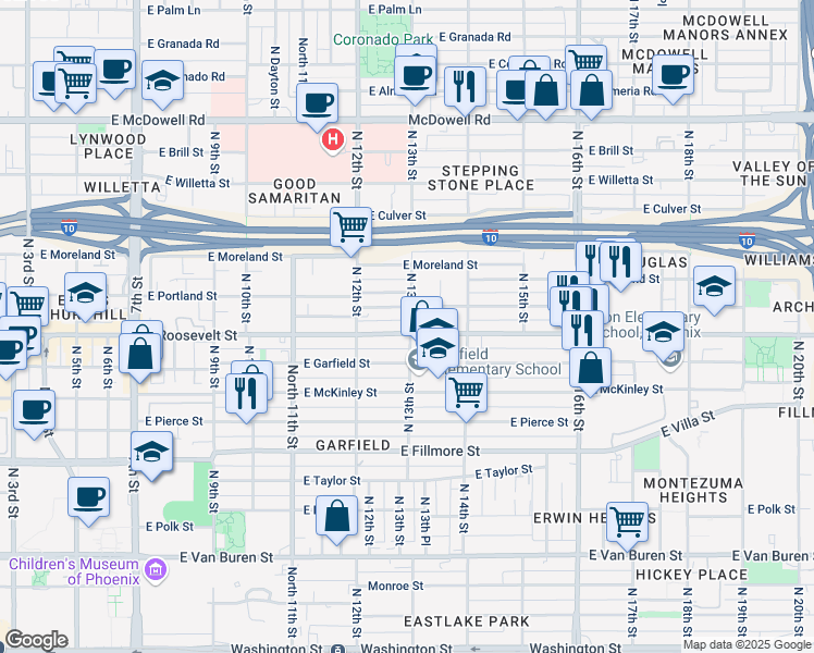 map of restaurants, bars, coffee shops, grocery stores, and more near 1248 East Roosevelt Street in Phoenix