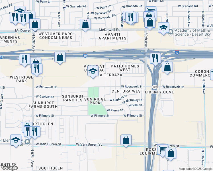 map of restaurants, bars, coffee shops, grocery stores, and more near 1001 North 62nd Avenue in Phoenix