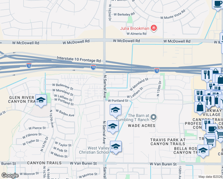 map of restaurants, bars, coffee shops, grocery stores, and more near 16248 West Moreland Street in Goodyear