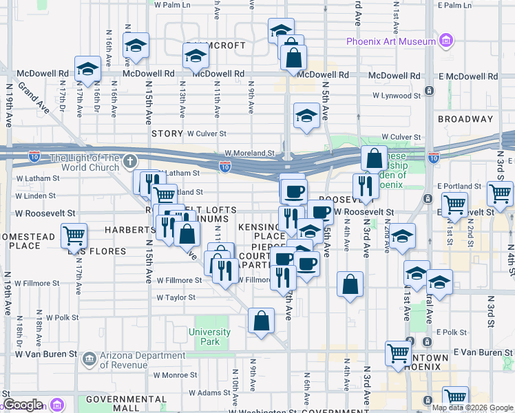 map of restaurants, bars, coffee shops, grocery stores, and more near 814 West Roosevelt Street in Phoenix