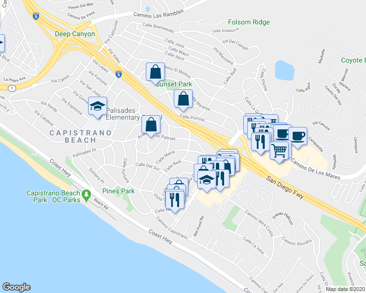 map of restaurants, bars, coffee shops, grocery stores, and more near 26921 Calle Maria in Dana Point