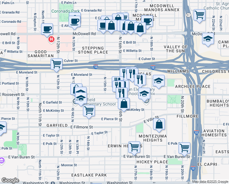 map of restaurants, bars, coffee shops, grocery stores, and more near 1530 East Roosevelt Street in Phoenix