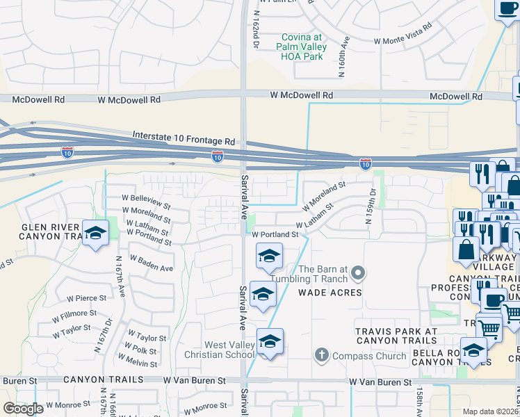 map of restaurants, bars, coffee shops, grocery stores, and more near 16248 West Moreland Street in Goodyear