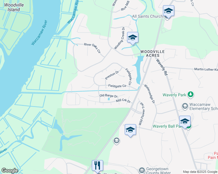 map of restaurants, bars, coffee shops, grocery stores, and more near 267 Fieldgate Circle in Pawleys Island