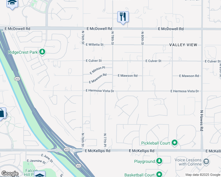 map of restaurants, bars, coffee shops, grocery stores, and more near 7750 East Hermosa Vista Drive in Mesa