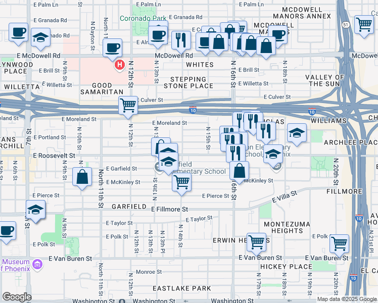 map of restaurants, bars, coffee shops, grocery stores, and more near 1410 E Roosevelt St in Phoenix