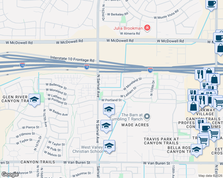map of restaurants, bars, coffee shops, grocery stores, and more near 16176 West Moreland Street in Goodyear