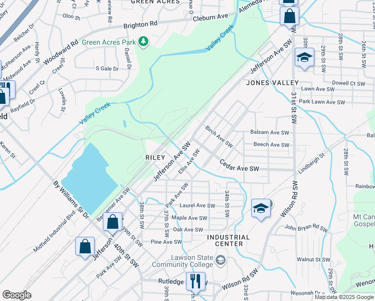 map of restaurants, bars, coffee shops, grocery stores, and more near 3521 Jefferson Avenue Southwest in Birmingham