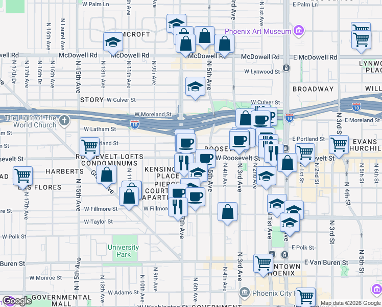 map of restaurants, bars, coffee shops, grocery stores, and more near 526 West Roosevelt Street in Phoenix