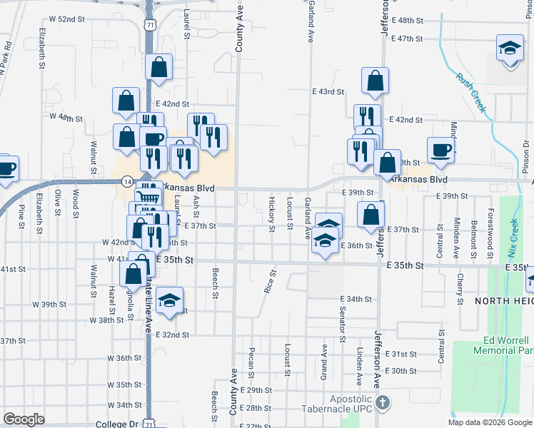 map of restaurants, bars, coffee shops, grocery stores, and more near 3705 Hickory Street in Texarkana